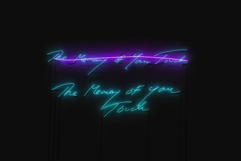 Tracey Emin  The Memory of Your Touch, 2017  neon (clear blue text, flamingo pink line)  41 3/4 x 87 13/16 inches  Edition of 3 with 2 APs