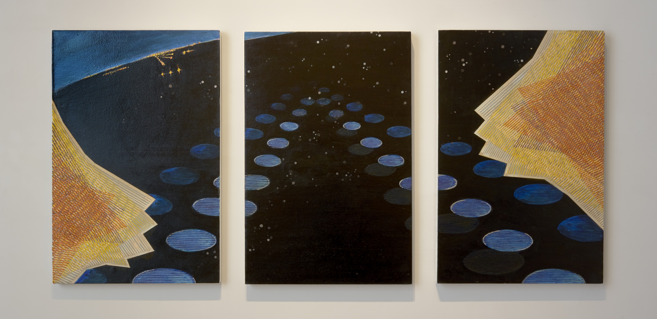 Michiko Itatani  Night Wing from Infinite Vision IV-5, 2006  Oil on canvas  canvas: 35 x 79 inches 3 panels, 35 x 23 inches each; 1-6" intervals  signed and dated en verso