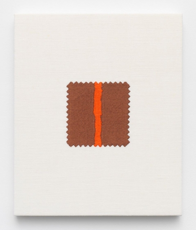 Elaine Reichek,  Swatch, Newman, 2006,  digital embroidery on linen,  12 x 10 inches,  edition of 3