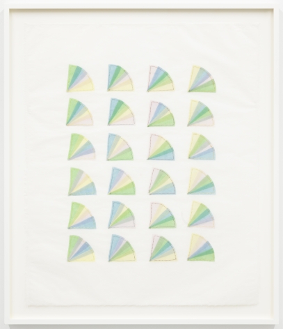 Elaine Reichek Fan Factorial #5, 1977 organdy sewn to Kozoshi paper paper: 31 x 26 1/2 inches frame: 31 3/4 x 27 1/8 inches
