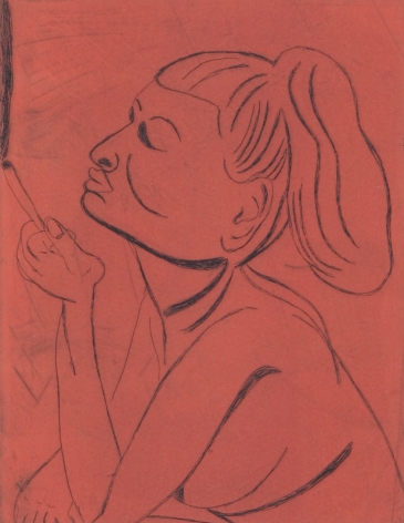 Tal R  Girl Smoking (#4 from series of 12), 2014  line etching on somerset 400 gr.  image: 7 3/4 x 7 1/8 inches  paper: 17 1/8 x 14 1/2 inches  frame: 18 3/4 x 16 1/2 inches  6, Edition of 24  $950