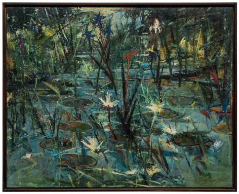 John Alexander  Blue Irises (on my Pond), c. 1984  oil on canvas  50 x 60 inches  Inquire