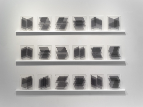 Elaine Reichek Parallelograms, 1977 organdy and thread, sandwiched between Plexiglas 18 units, each 13 x 14 inches