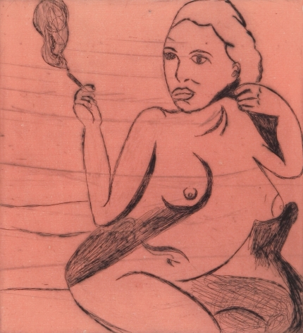 Tal R  Girl Smoking (#10 from series of 12), 2014  line etching on somerset 400 gr.  image: 7 3/4 x 7 1/8 inches  paper: 17 1/8 x 14 1/2 inches  frame: 18 3/4 x 16 1/2 inches  6, Edition of 24  $950