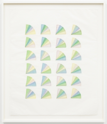 Elaine Reichek Fan Factorial #5, 1977 organdy sewn to Kozoshi paper paper: 31 x 26 1/2 inches frame: 31 3/4 x 27 1/8 inches $16,000