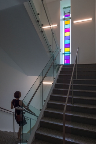 Stephen Dean  Ladder descending a staircase, 2014  aluminum and dichroic glass  336 x 16 x 2 inches   Photo by Nash Baker    Rice University, Houston, Texas