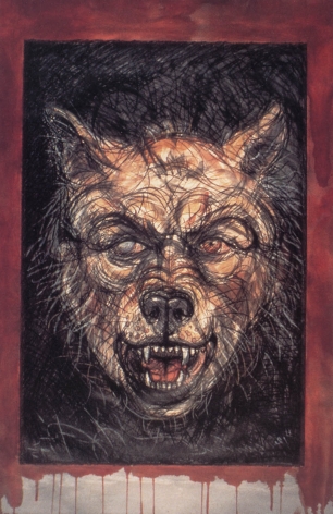 Luis Jiménez  #12 Canine - Self Portrait (Lobo), 1985  hand colored lithograph  52 1/4 x 34 3/4 inches  $30,000
