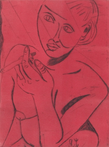 Tal R  Girl Smoking (#11 from series of 12), 2014  line etching on somerset 400 gr.  image: 7 3/4 x 7 1/8 inches  paper: 17 1/8 x 14 1/2 inches  frame: 18 3/4 x 16 1/2 inches  6, Edition of 24  $950