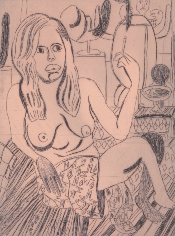 Tal R  Girl Smoking (#5 from series of 12), 2014  line etching on somerset 400 gr.  image: 7 3/4 x 7 1/8 inches  paper: 17 1/8 x 14 1/2 inches  frame: 18 3/4 x 16 1/2 inches  6, Edition of 24  $950