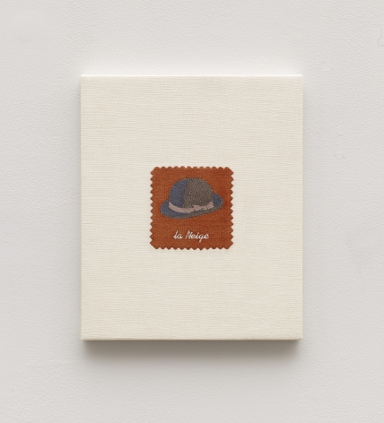 Elaine Reichek,  Swatch, Magritte, 2006,  digital embroidery on linen,  12 x 10 inches,  edition of 3