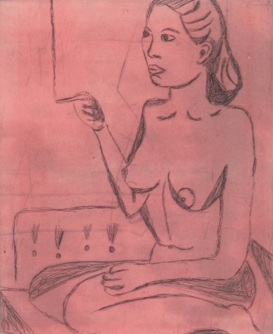 Tal R  Girl Smoking (#9 from series of 12), 2014  line etching on somerset 400 gr.  image: 7 3/4 x 7 1/8 inches  paper: 17 1/8 x 14 1/2 inches  frame: 18 3/4 x 16 1/2 inches  6, Edition of 24  $950